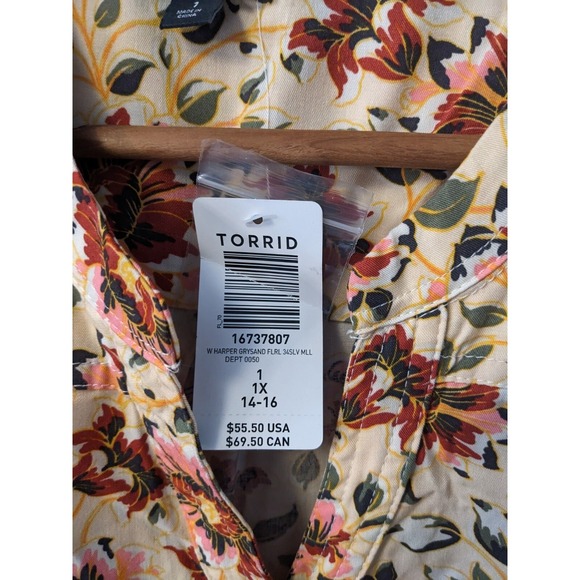 Torrid Top Button Front Blouse Floral V Neck 3/4 Or Long Sleeves Pockets Size 1X - Picture 8 of 9